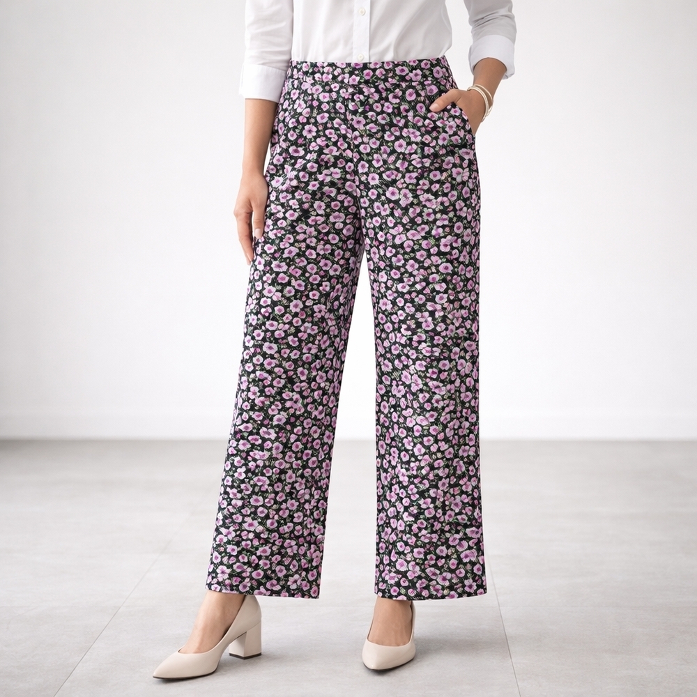 ZARA High-Waisted Floral Wide Leg Trousers - Pink & Purple Bloom